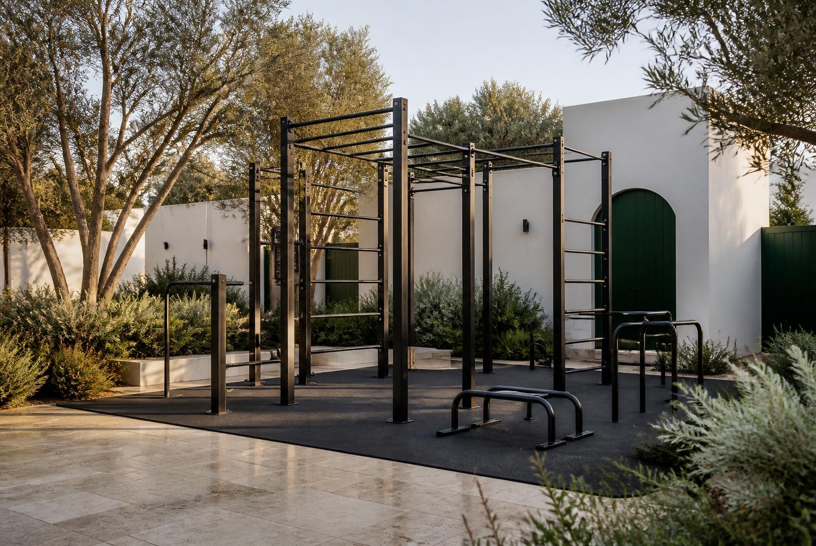 All-weather outdoor gym station at SEVENTEENTH with travertine flooring, green tiles, timber and planting