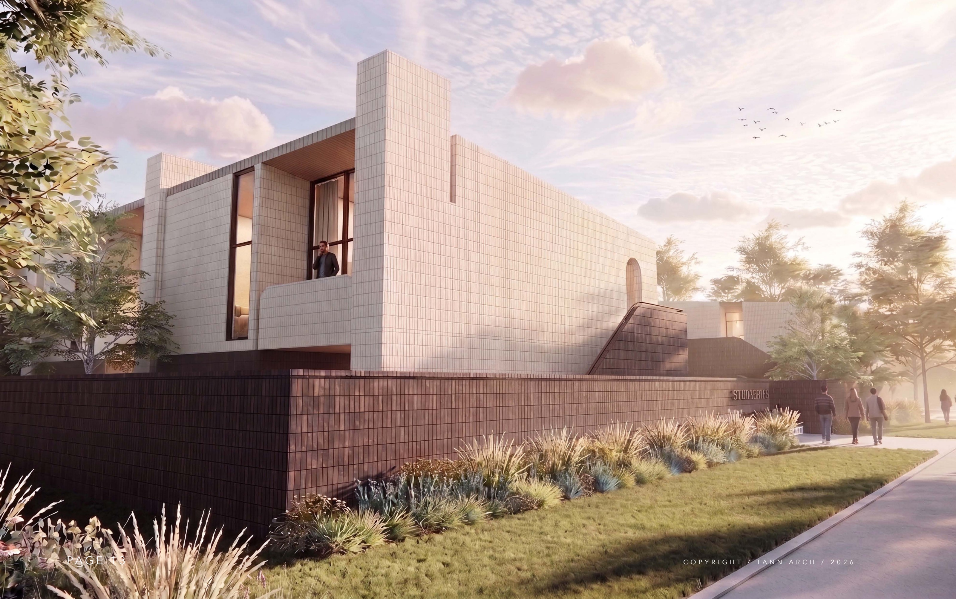 Material study — white masonry on dark brick base