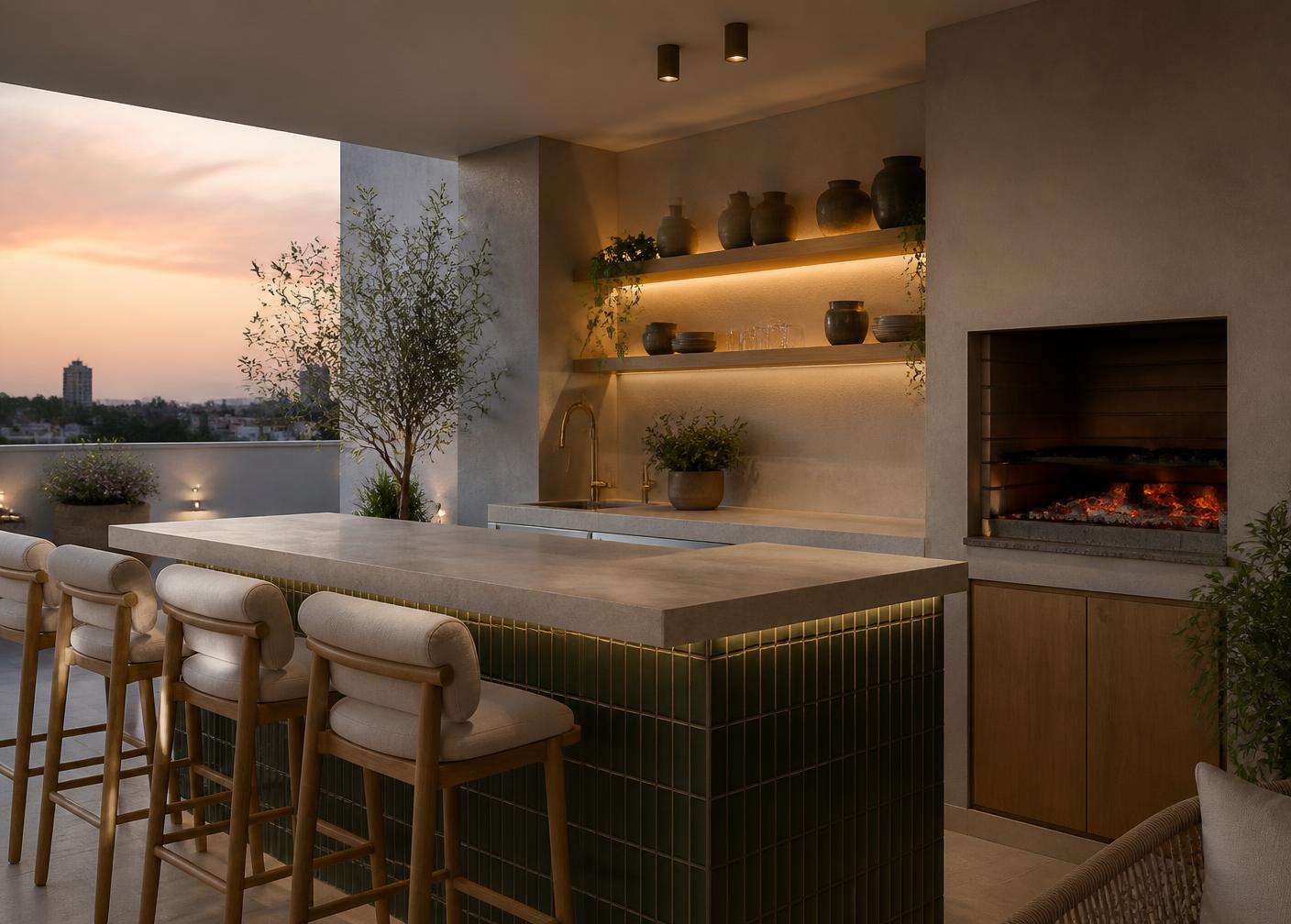 Rooftop bar and braai counter with green glazed tile, stone top and wash-up sink at SEVENTEENTH