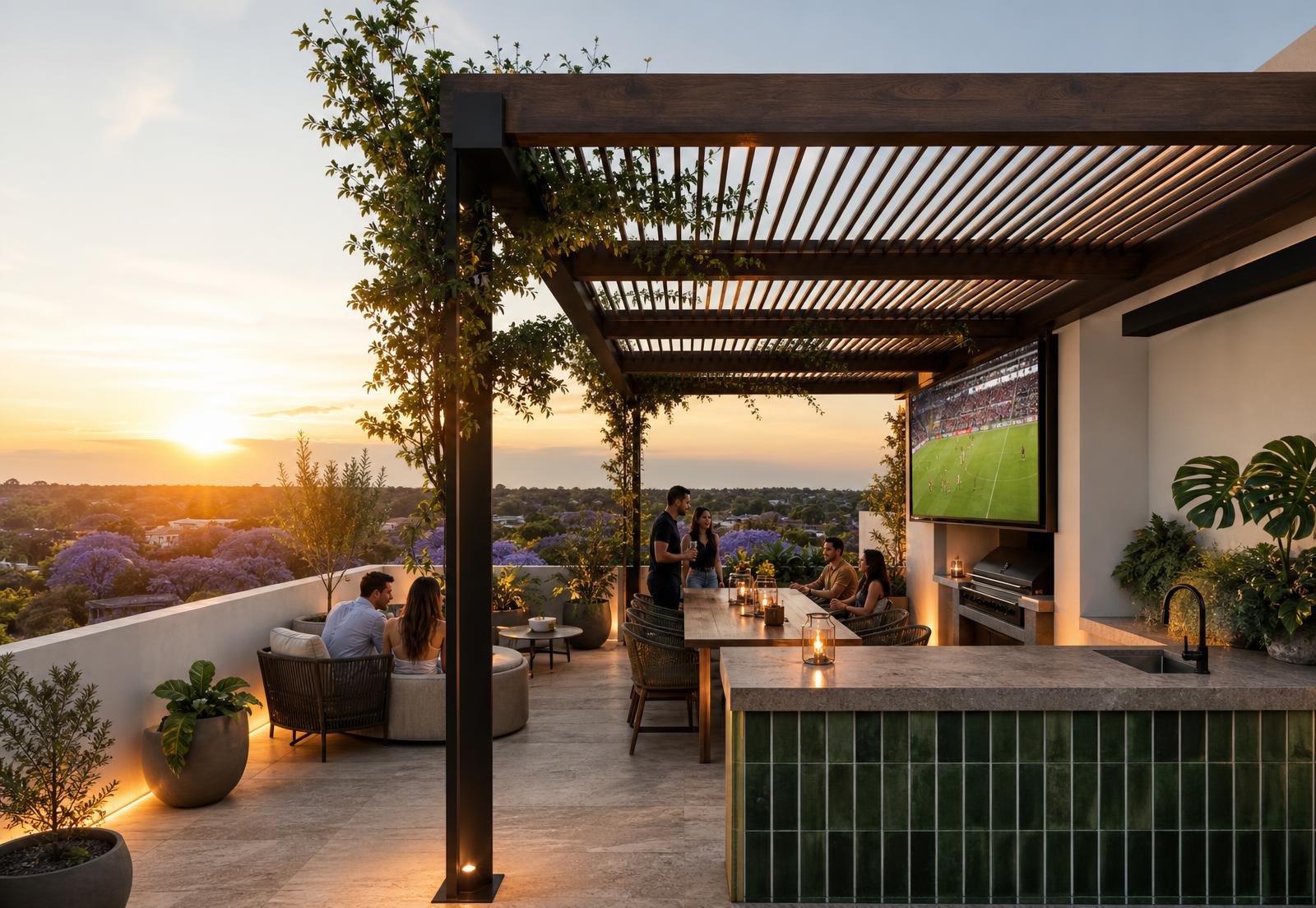 Rooftop entertainment terrace at SEVENTEENTH with oak pergola, green-tiled bar, braai, large outdoor TV showing sport and sunset view over Hazelwood